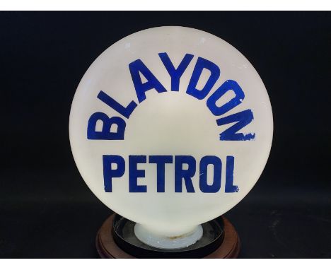 An extremely rare Blaydon Petrol pill shaped glass petrol pump globe, small neck version, hairline crack to the top and very 