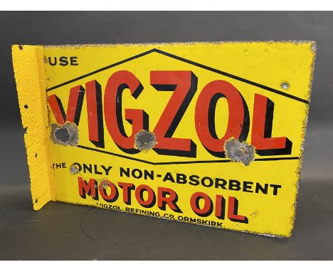 A Vigzol Motor Oil double sided enamel sign with hanging flange, bearing the word 'Vigzol Refining Co. Ormskirk', by Bruton o