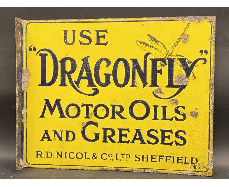 A rare Dragonfly Motor Oils and Greases double sided enamel sign with hanging flange, 17 1/2 x 14". 