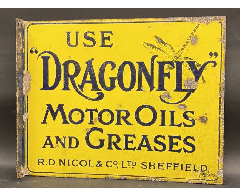 A rare Dragonfly Motor Oils and Greases double sided enamel sign with hanging flange, 17 1/2 x 14". 