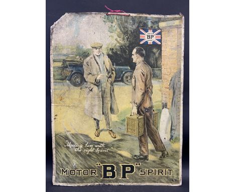 An early BP Motor Spirit pictorial showcard depicting a gentleman collecting two cans of fuel, 18 1/4 x 24". 