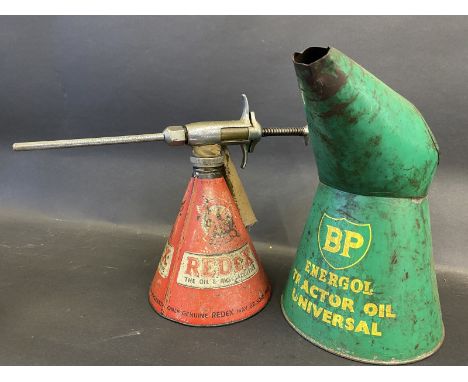 A Redex conical dispensing gun and a BP Energol Tractor Oil half gallon measure.