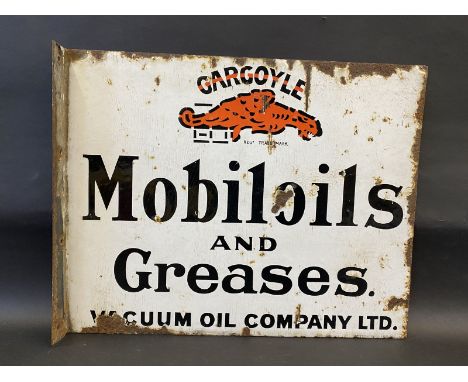 A Mobiloils and Greases double sided enamel sign with hanging flange, 20 x 16". 