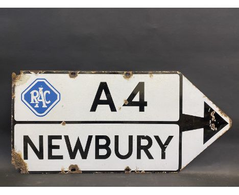 An RAC A4 to Newbury double sided directional enamel sign, by Bruton of Palmer's Green, 36 x 17".