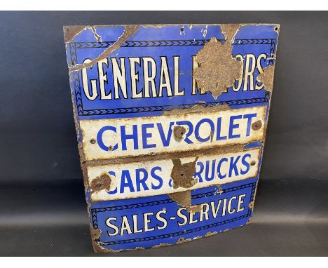 A General Motors enamel sign advertising Chevrolet cars &amp; trucks, sales and service, 21 x 25". 