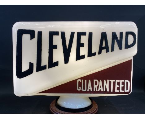 A rare Cleveland Guaranteed rectangular glass petrol pump globe in good original condition, fully stamped 'The Property of th