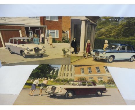 Three large scale coloured prints on hardboard, used as promotional aids for Riley and Wolseley, each approx. 36 x 24". 