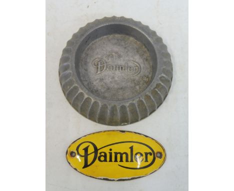 An aluminium Daimler branded ashtray plus a reproduction Daimler enamel plaque. 