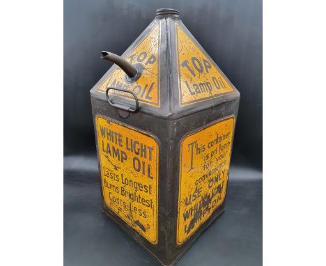 A TOP five gallon pyramid can for lamp oil with unusual factory fitted spout for pouring from the can, believed to be for Tre