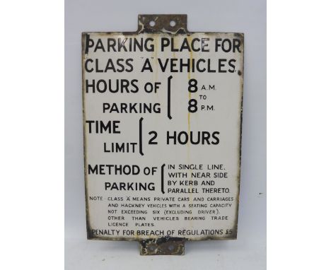 An enamel road sign - Parking Place for Class 'A' Vehicles, 12 x 18 1/2". 
