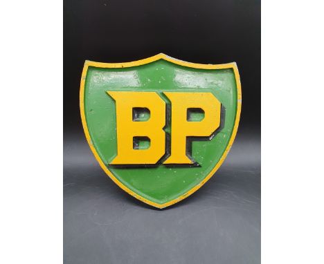 A genuine cast aluminium BP plaque with integral bolt fixings to the reverse, original paint, possibly unusued, approx. 9 1/2
