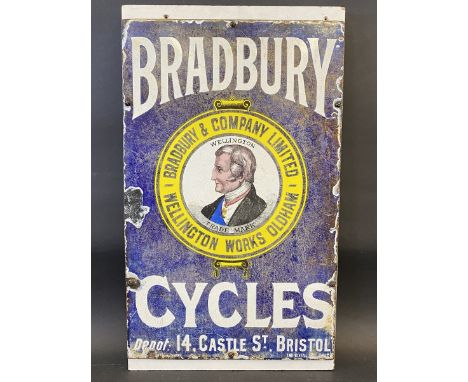 A very early and rare Bradbury Cycles part pictorial enamel sign depicting an image of Wellington to the centre, Depot: 14 Ca