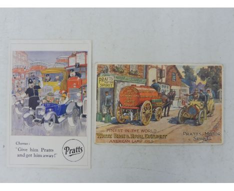 A Pratts Motor Spirit coloured postcard depicting a horse drawn fuel tanker 'Finest in the World, White Rose &amp; Royal Dayl