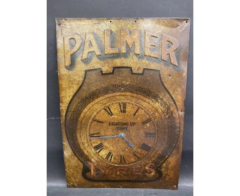 A Palmer Tyres 'Lighting Up Time' embossed garage tin 'clock' advertising sign, 19 x 27 1/2".