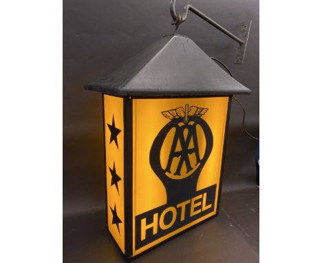 An AA Hotel hanging lantern-style lightbox of plastic construction on a hanging bracket, lightbox measurements, 23" w x 30" h