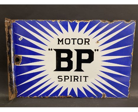 A BP Motor Spirit 'Irish Flash' double sided enamel sign with hanging flange, dated September 1926, 24 x 16".