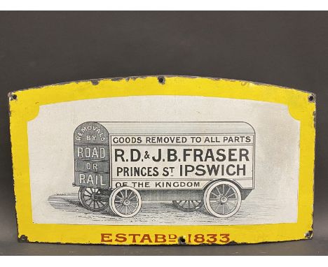 A small pictorial enamel sign advertising Fraser's of Ipswich, excellent condition, possibly trimmed from a larger sign, 17 1