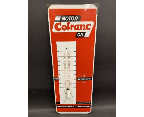 A Cofranc Motor Oil enamel thermometer sign, 9 1/4 x 25". 