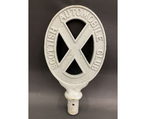 A Scottish Automobile Club cast iron post mounted sign, 17 1/2" high.