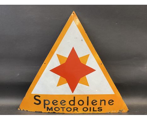 A Speedolene Motor Oils triangular enamel sign by Franco, with some high quality professional restoration particularly to a d