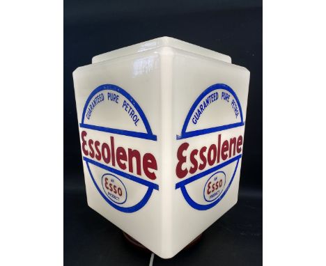 A very rare and large Essolene guaranteed pure petrol four sided glass petrol pump globe in excellent condition, some fading 
