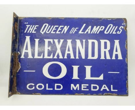 An early and rare double sided enamel advertising sign with hanging flange, for gold medal winning 'Queen of Lamp Oils' Alexa