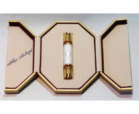 Theo Fabergé silver gilt novelty cracker with guilloché white enamel enclosing a gilt bluebell charm, no. 105/500, 1994, case