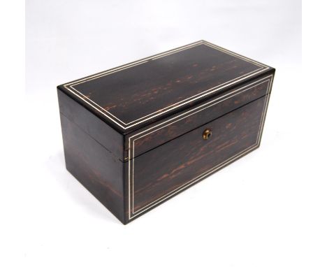 19th century coromandel tea caddy by Toulmin &amp; Gale of rectangular form with ivory stringing enclosing two tea canisters 