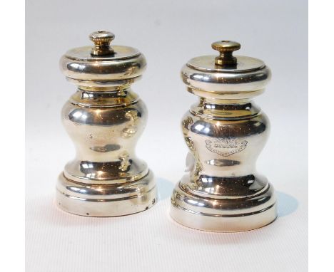 Pair of silver baluster pepper mills, crested, by Mappin &amp; Webb, Birmingham 1914, gross 9½oz. 