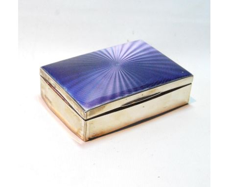 Silver cigarette box with guilloché purple enamel lid, by Huttons, 1927, 13cm.CONDITION REPORT: This has been dropped on the 