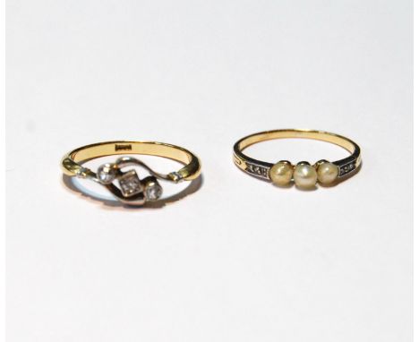 French gold ring with three pearls and diamond-set shoulders and another with three diamonds, sizes K and L. 