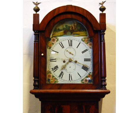 Early 19th century mahogany eight day longcase clock with painted arched face, Roman and Arabic numerals, subsidiary date and