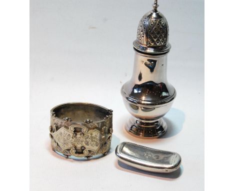 Silver baluster caster by Vanders, 1973, a Victorian engraved silver bangle and a snuff box of kidney shape, 1934.   (3)CONDI
