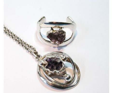 Danish silver bangle with amethyst crystals, by Jacob Hill, and a similar pendant.CONDITION REPORT: All in good condition.