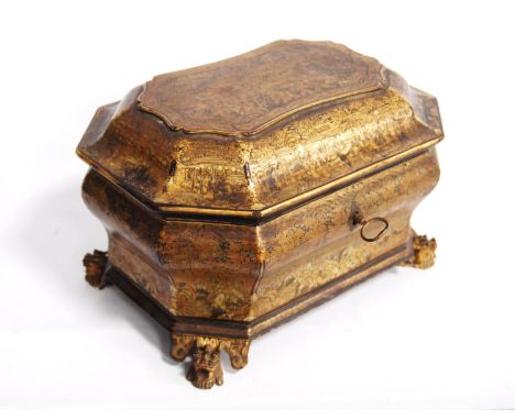 19th century chinoiserie papier maché tea caddy of sarcophagus form with canted corners over ogee trunk, raised on dragon mas