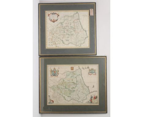 JOAN BLAEU (1599-1673), The Bishoprick of Durham, hand coloured map with figural type cartouche, figural scale, armorials and