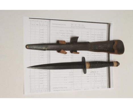 AN RAF FAIRBAIRN & SYKES FIGHTING DAGGER, with 6 3/4" double edged blade, steel cross guard, ribbed wooden grip, leather scab