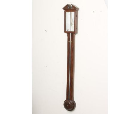 A MAHOGANY CASED STICK BAROMETER signed G Groce, York, silvered dial with venier scale and thermometer, the banded and string