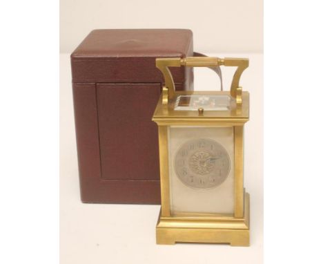 A FRENCH CASED CARRIAGE CLOCK, the twin barrel repeater movement with platform escapement striking on a gong, back plate stam