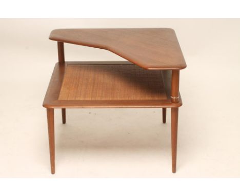 A PETER HVIDT FOR FRANCE & SON DANISH TEAK CORNER TABLE of two tier square form, the cut away top shelf on turned supports, r