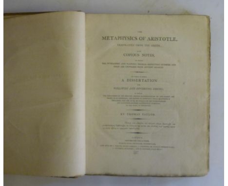 METAPHYSICS OF ARISTOTLE, Translated by Thomas Taylor, 1801, Printed for the Author by Davis, Wilks etc, quarter buckram over