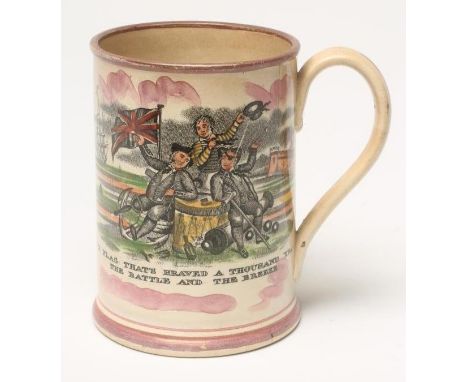 AN EARLY VICTORIAN SUNDERLAND LUSTRE POTTERY FROG MUG of cylindrical form, on glaze printed in black and naively overpainted 