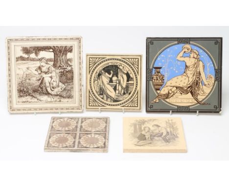 THREE MINTONS TILES, including a China Works square teapot stand, c.1885, raised upon four bun feet, printed in underglaze br