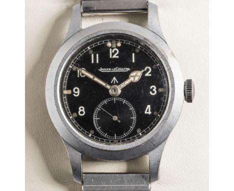 A JAEGER LECOULTRE MILITARY WRISTWATCH, the circular black dial with luminous Arabic numerals, dot markers and cathedral hand