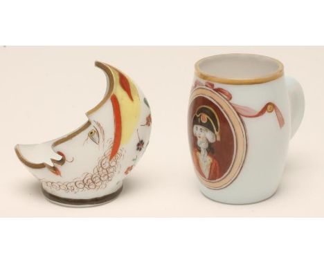 A GERMAN MILCHE GLASS SMALL JUG, early 19th century, of barrel form with pulled and applied handle, painted in enamels with t