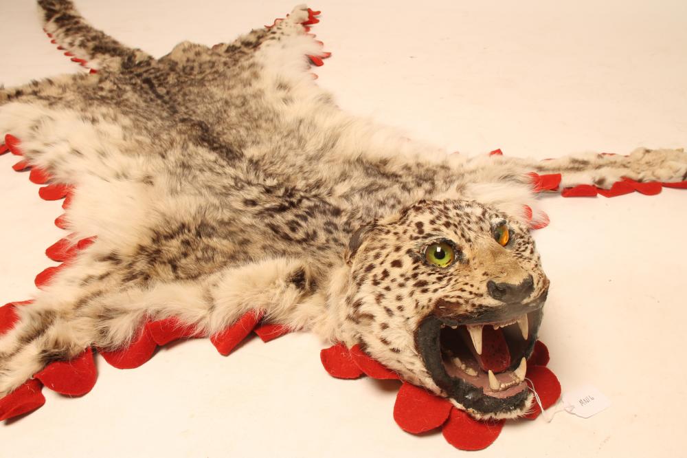 A SNOW LEOPARD SKIN RUG, with snarling head, glass eyes, mounted on