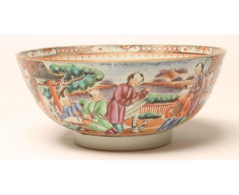 A CHINESE EXPORT PORCELAIN BOWL, of plain circular form, painted in famille rose enamels with figures on a verandah with a ri