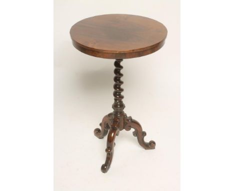 A VICTORIAN ROSEWOOD WINE TABLE, the circular top and plain frieze raised on spiral twist stem with beaded collar to lower se