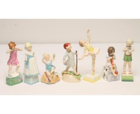 A SET OF SEVEN ROYAL WORCESTER CHINA FIGURES, 1953-5, modelled by Freda Doughty and allegorical of the Days of the Week, blac