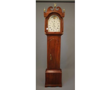 A FRUITWOOD LONGCASE CLOCK, signed Jas Hawke, Bury, the eight day movement with anchor escapement striking on a bell, 13" arc